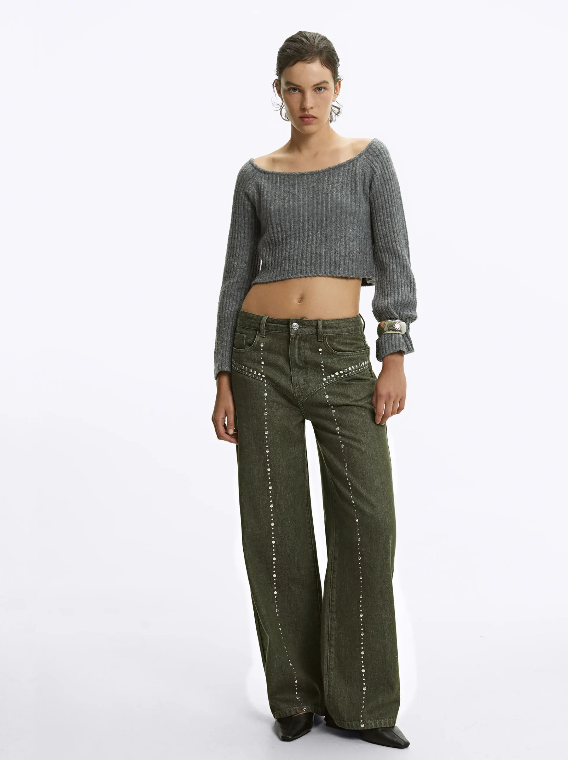 PARFOIS Schultertaschen>Baumwollhose Mit Nieten Khaki